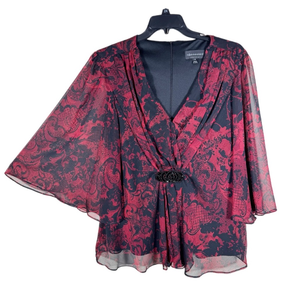 Connected Apparel Women’s Bell Sleeve Whimsygoth Top Black Red